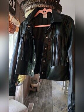 No Boundaries Black Faux-Leather Fringe Jacket